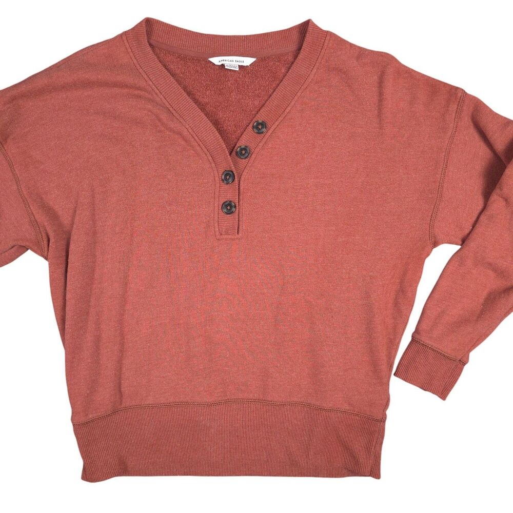 American Eagle Henley Sweatshirt Womens XS Boxy Dolman Sleeve Burnt Orange